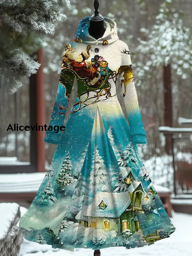 Christmas Art Print Vintage Elegant Long Sleeve Fake Two Piece Maxi Dress A / S