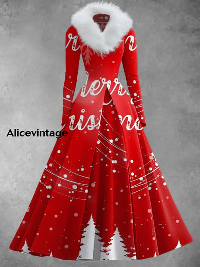 Christmas Art Print Vintage Elegant Long Sleeve Fake Two-Piece Maxi Dress A / S