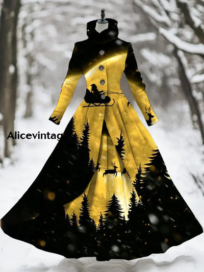 Christmas Art Print Vintage Elegant Long Sleeve Fake Two Piece Maxi Dress A / S