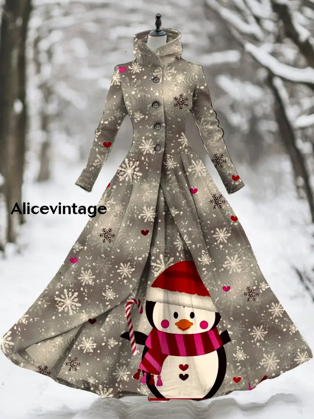 Christmas Art Print Vintage Elegant Long Sleeve Fake Two Piece Maxi Dress A / S