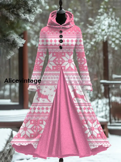 Christmas Art Print Vintage Elegant Long Sleeve Fake Two Piece Maxi Dress A / S