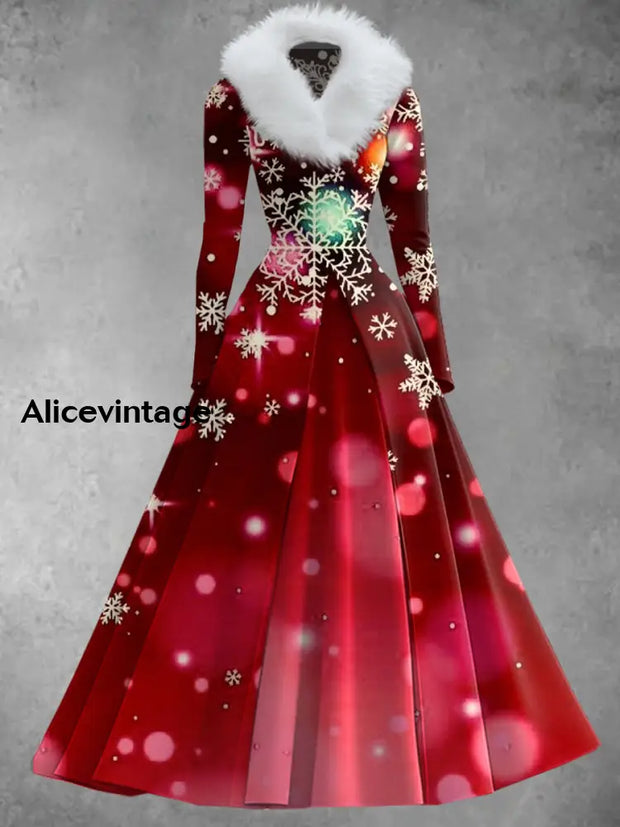 Christmas Art Print Vintage Elegant Long Sleeve Fake Two-Piece Maxi Dress A / S