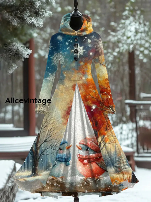 Christmas Art Print Vintage Elegant Long Sleeve Fake Two-Piece Maxi Dress A / S