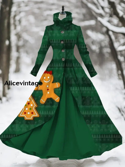 Christmas Art Print Vintage Elegant Long Sleeve Fake Two Piece Maxi Dress A / S