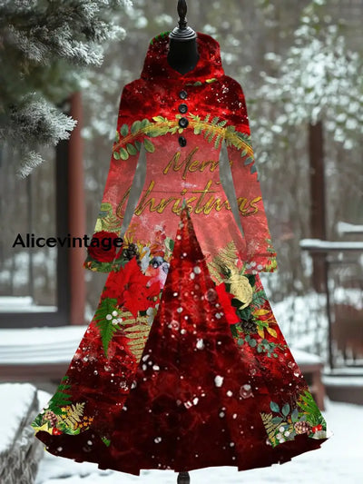 Christmas Art Print Vintage Elegant Long Sleeve Fake Two Piece Maxi Dress A / S