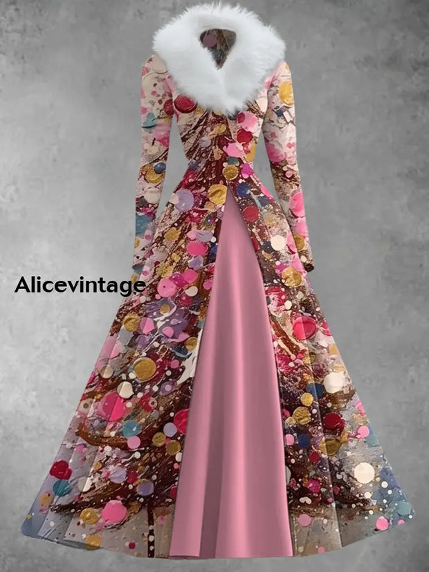 Christmas Art Print Vintage Elegant Long Sleeve Fake Two-Piece Maxi Dress A / S