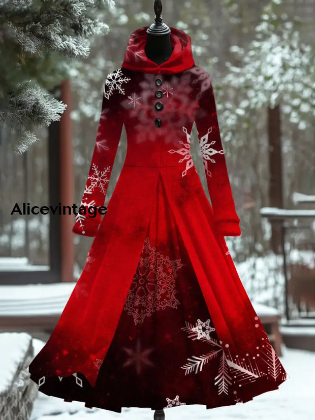 Christmas Art Print Vintage Elegant Long Sleeve Fake Two-Piece Maxi Dress A / S