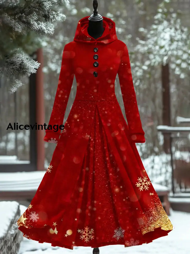 Christmas Art Print Vintage Elegant Long Sleeve Fake Two-Piece Maxi Dress A / S