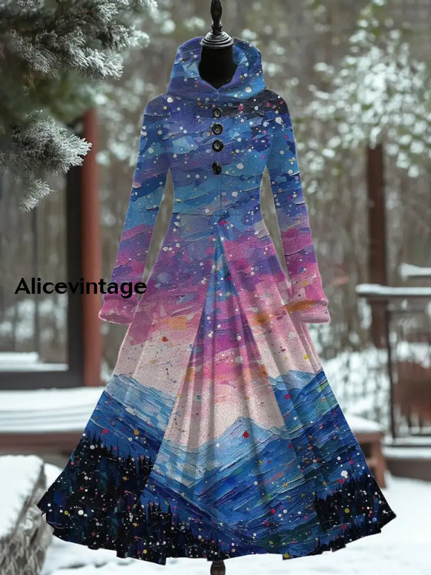 Christmas Art Print Vintage Elegant Long Sleeve Maxi Dress A / S