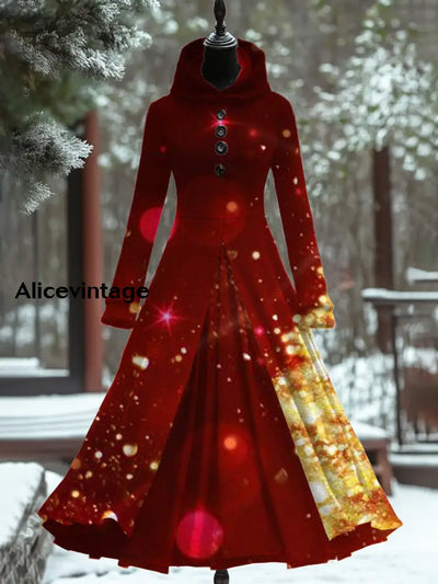 Christmas Art Print Vintage Elegant Long Sleeve Maxi Dress A / S