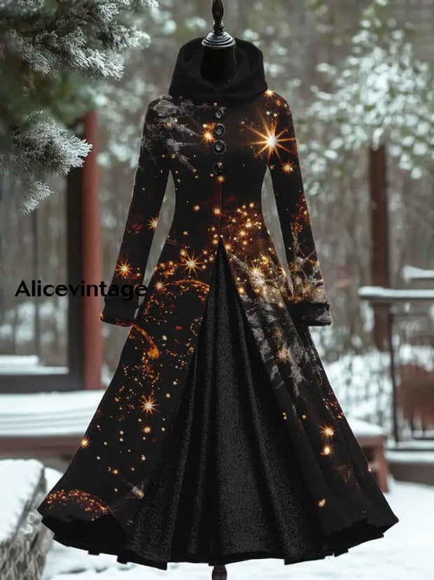 Christmas Art Print Vintage Elegant Long Sleeve Maxi Dress A / S