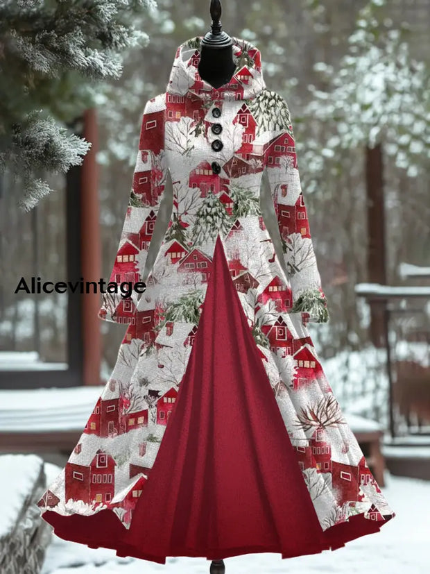 Christmas Art Print Vintage Elegant Long Sleeve Maxi Dress A / S