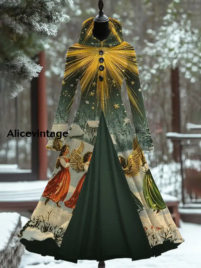 Christmas Art Print Vintage Elegant Long Sleeve Maxi Dress A / S