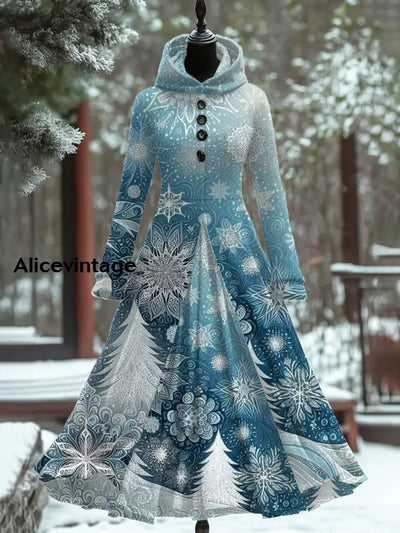 Christmas Art Print Vintage Elegant Long Sleeve Maxi Dress A / S