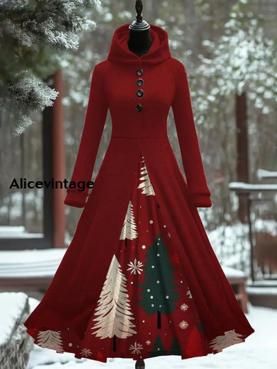 Christmas Art Print Vintage Elegant Long Sleeve Maxi Dress A / S