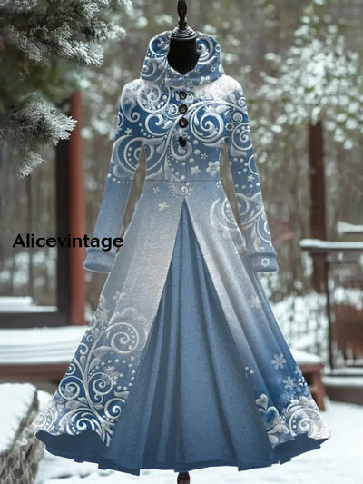 Christmas Art Print Vintage Elegant Long Sleeve Maxi Dress A / S