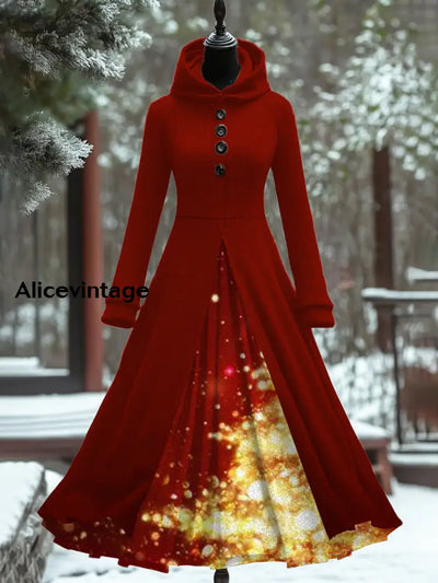 Christmas Art Print Vintage Elegant Long Sleeve Maxi Dress A / S