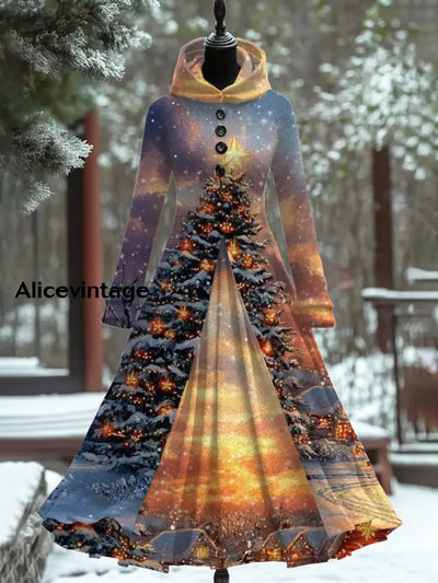 Christmas Art Print Vintage Elegant Long Sleeve Maxi Dress A / S