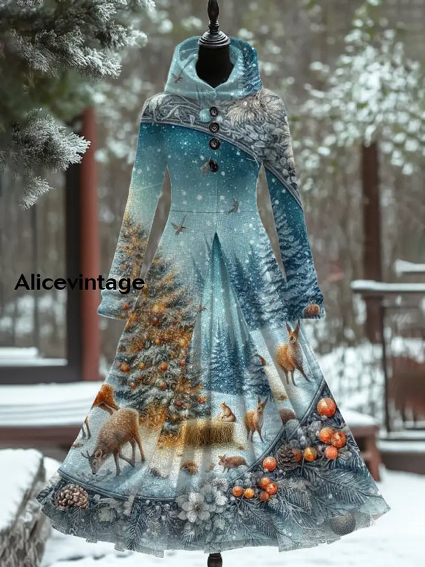 Christmas Art Print Vintage Elegant Long Sleeve Maxi Dress A / S