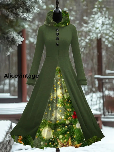 Christmas Art Print Vintage Elegant Long Sleeve Maxi Dress A / S