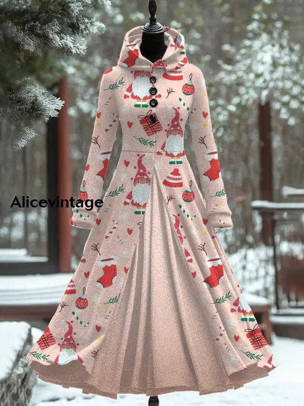 Christmas Art Print Vintage Elegant Long Sleeve Maxi Dress Fake Two Piece A / S