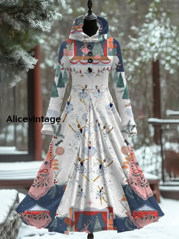 Christmas Art Print Vintage Elegant Long Sleeve Maxi Dress Fake Two Piece A / S