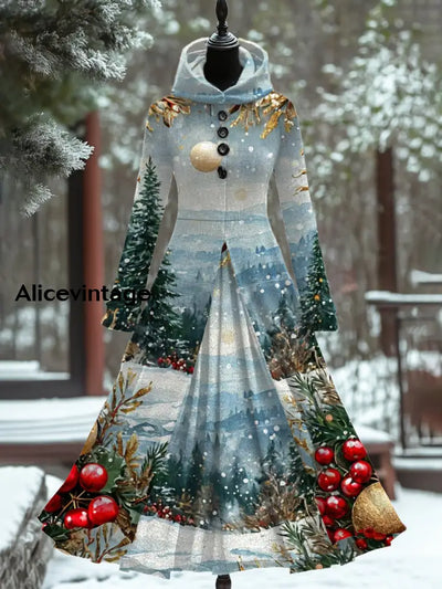 Christmas Art Print Vintage Elegant Long Sleeve Maxi Dress Fake Two Piece A / S