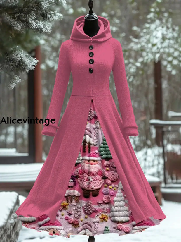 Christmas Art Print Vintage Elegant Long Sleeve Maxi Dress Fake Two Piece A / S