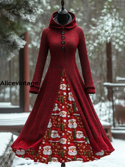 Christmas Art Print Vintage Elegant Long Sleeve Maxi Dress Fake Two Piece A / S