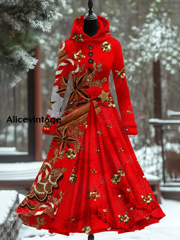 Christmas Art Print Vintage Elegant Long Sleeve Maxi Dress Fake Two Piece A / S