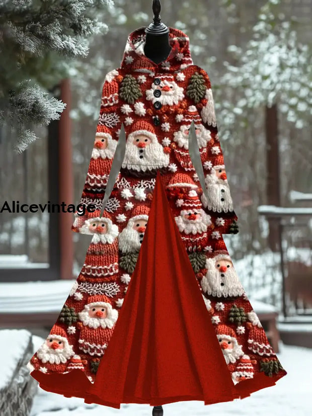 Christmas Art Print Vintage Elegant Long Sleeve Maxi Dress Fake Two Piece A / S