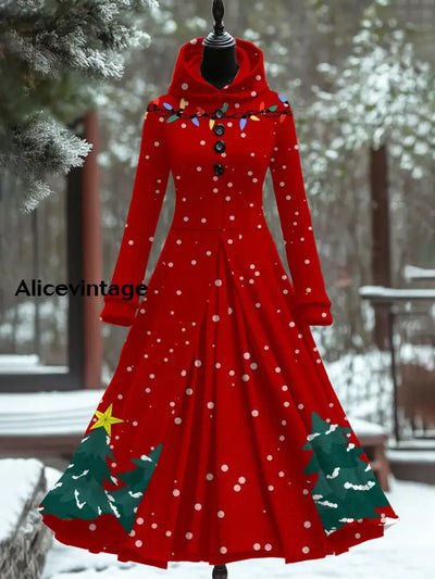 Christmas Art Print Vintage Elegant Long Sleeve Maxi Dress Fake Two Piece A / S