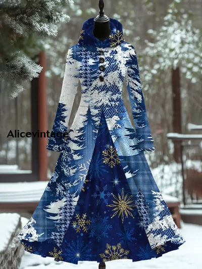 Christmas Art Print Vintage Elegant Long Sleeve Maxi Dress Fake Two Piece A / S