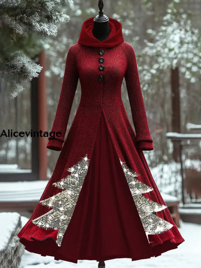 Christmas Art Print Vintage Elegant Long Sleeve Maxi Dress Fake Two Piece A / S