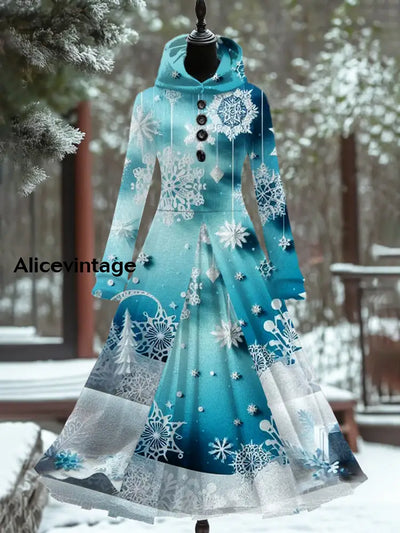 Christmas Art Print Vintage Elegant Long Sleeve Maxi Dress Fake Two-Piece A / S