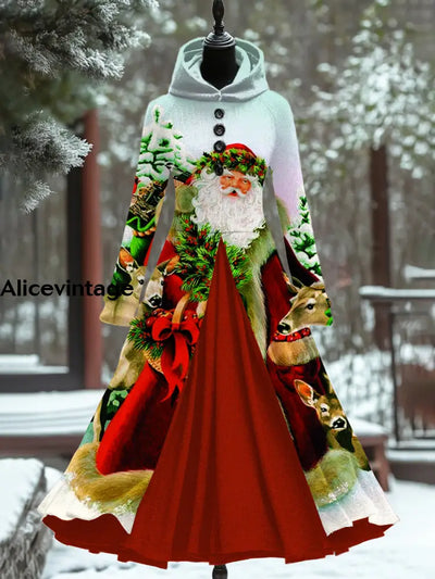 Christmas Art Print Vintage Elegant Long Sleeve Maxi Dress Fake Two Piece A / S