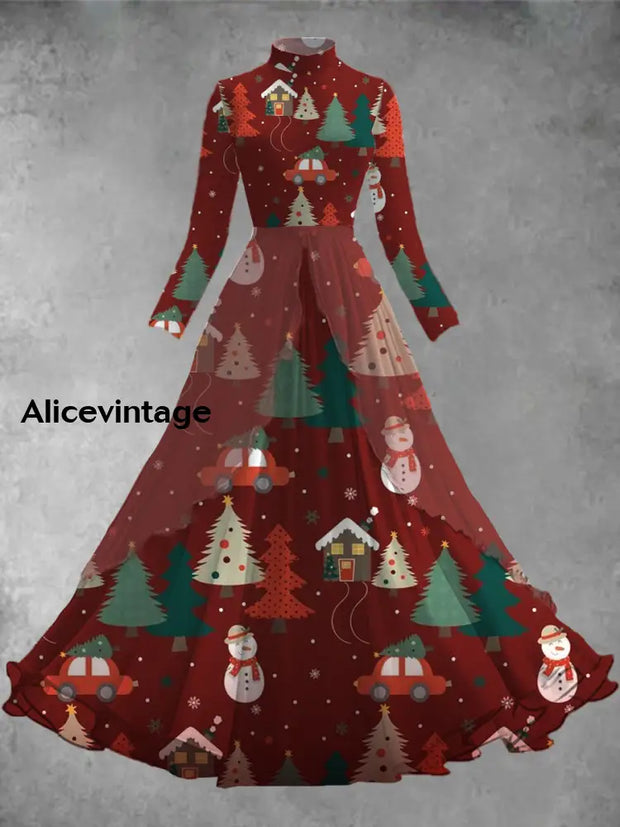 Christmas Art Print Vintage Elegant Long Sleeve Midi Dress A / S