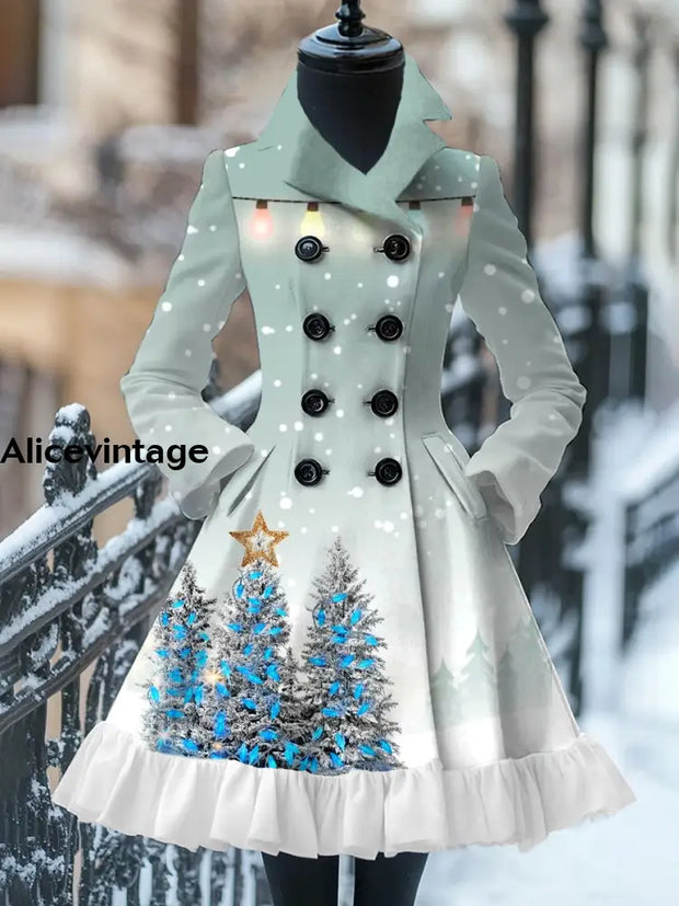 Christmas Art Print Vintage Elegant Stand-Up Collar Long Sleeve Coat Dress A / S