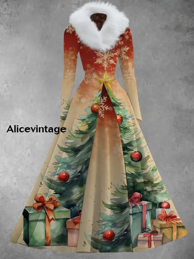 Christmas Art Print Vintage Elegant V-Neck Fur Collar Long Sleeve Fake Two-Piece Dress A / S