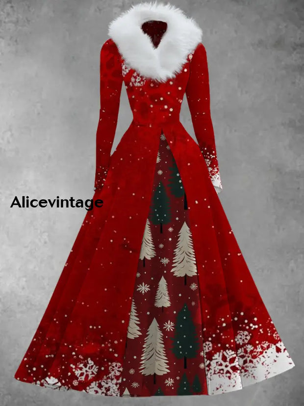 Christmas Art Print Vintage Elegant V-Neck Fur Collar Long Sleeve Fake Two-Piece Dress A / S