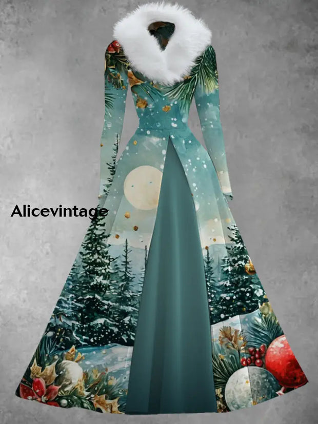 Christmas Art Print Vintage Elegant V-Neck Fur Collar Long Sleeve Fake Two-Piece Dress A / S