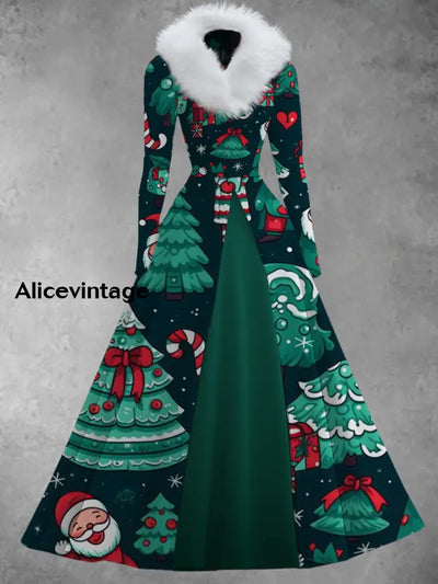 Christmas Art Print Vintage Elegant V-Neck Fur Collar Long Sleeve Midi Dress A / S