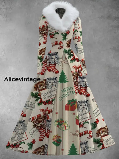 Christmas Art Print Vintage Elegant V-Neck Fur Collar Long Sleeve Midi Dress A / S