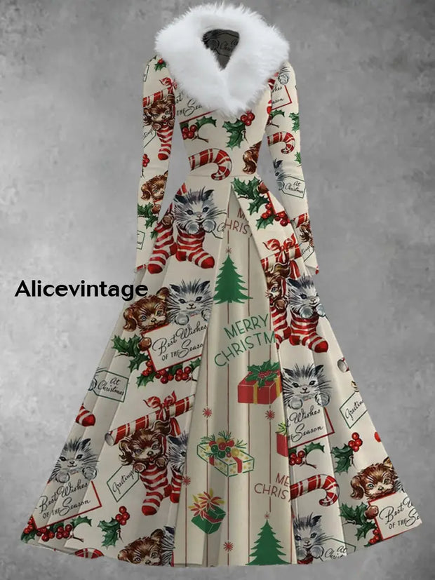 Christmas Art Print Vintage Elegant V-Neck Fur Collar Long Sleeve Midi Dress A / S