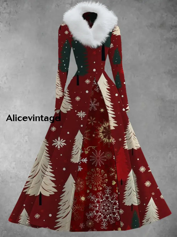 Christmas Art Print Vintage Elegant V-Neck Fur Collar Long Sleeve Midi Dress A / S