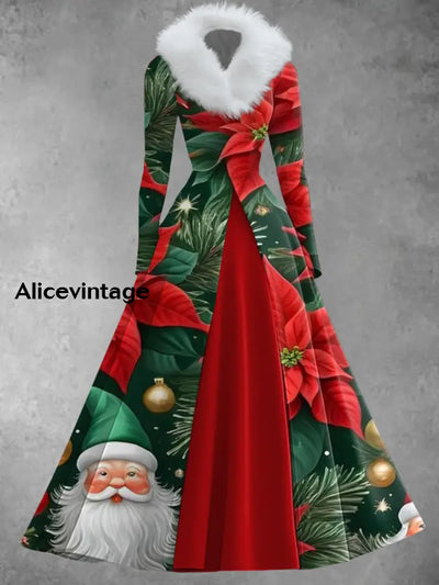 Christmas Art Print Vintage Elegant V-Neck Fur Collar Long Sleeve Midi Dress A / S