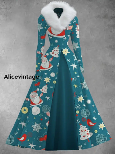 Christmas Art Print Vintage Elegant V-Neck Fur Collar Long Sleeve Midi Dress A / S