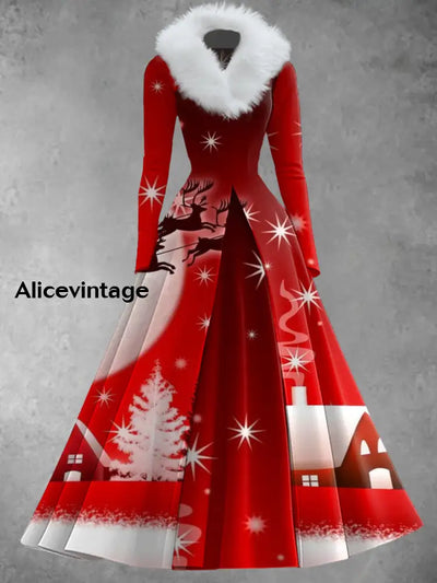 Christmas Art Print Vintage Elegant V-Neck Fur Collar Long Sleeve Midi Dress A / S