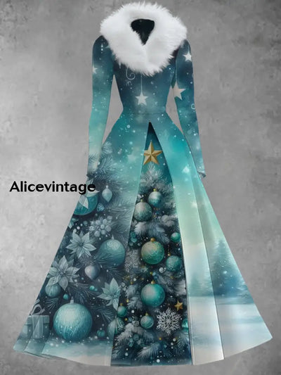 Christmas Art Print Vintage Elegant V-Neck Fur Collar Long Sleeve Midi Dress A / S