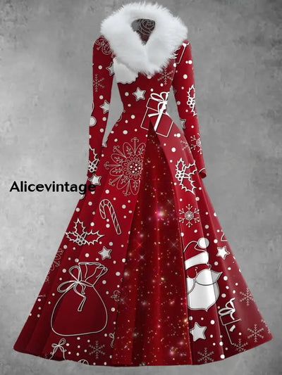 Christmas Art Print Vintage Elegant V-Neck Fur Collar Long Sleeve Midi Dress A / S